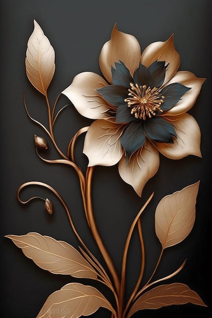 A flower that is made of metal and has a gold leaf on it.