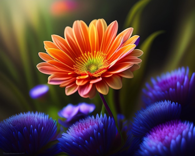 A flower that is orange and has a blue background