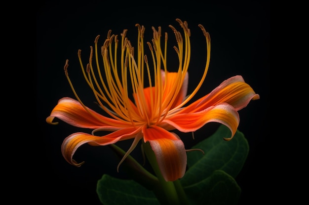 A flower that is orange and has a green leaf on it