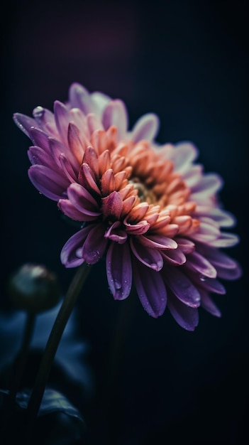 A flower that is purple and has a drop of water on it.