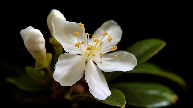 A flower that is white with yellow in the center