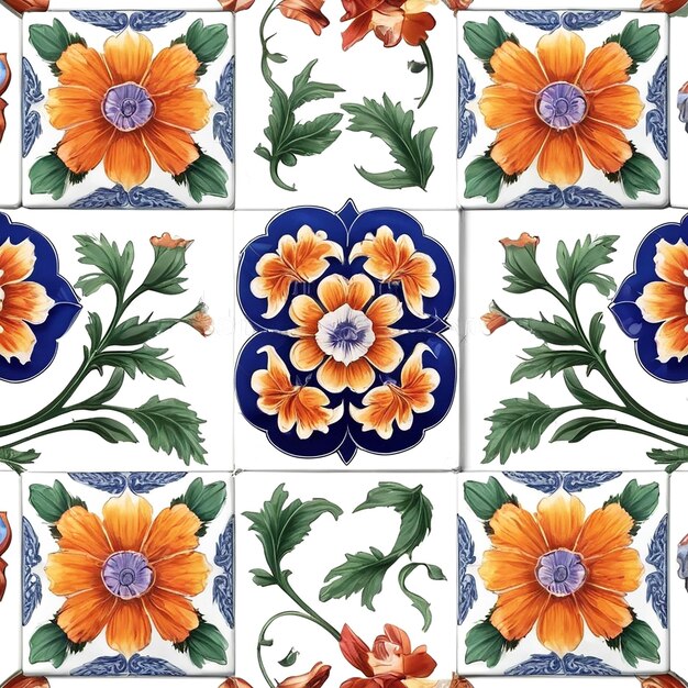 Flower Tiles Illustration With White Background