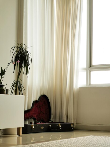 Photo flower vase on table against window at home