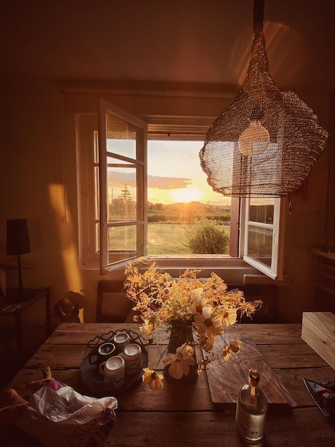 Photo flower vase on table by window at home sun sunset orange autumn