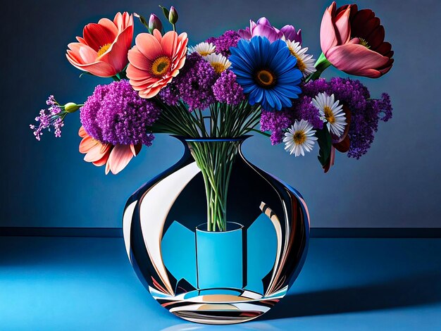 A flower vase with flowers reflecting in a mirror