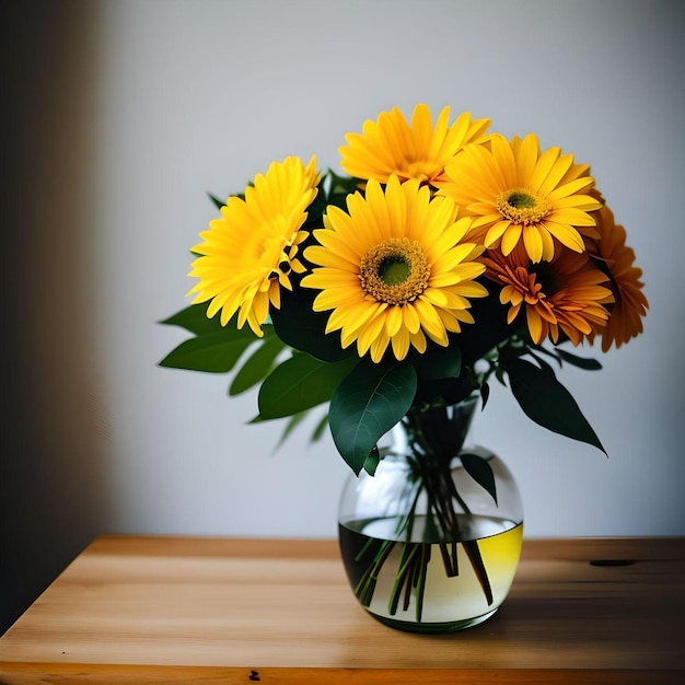 a flower vase with flowers and a yellow flower