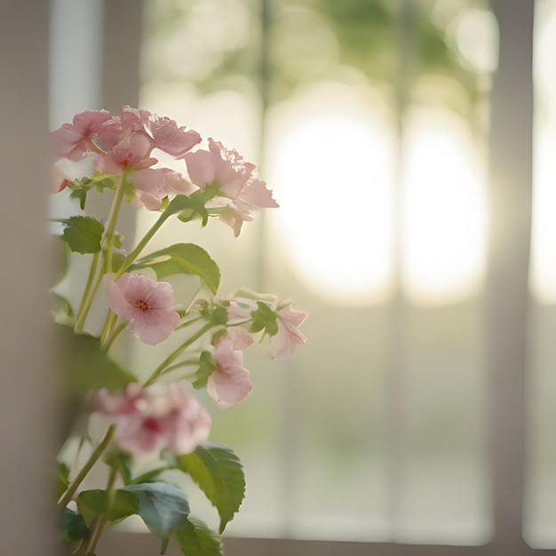 窓から太陽が輝く花瓶の中の花