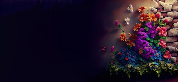 Flower wall background panoramic layout Generative Ai