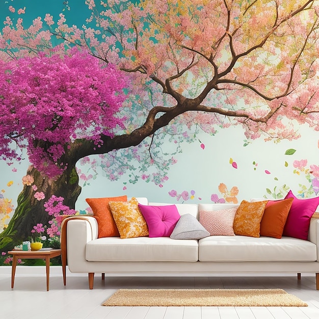 Flower Wall mural of a tree with leaves With Living Room Furniture Interior Design generated by AI