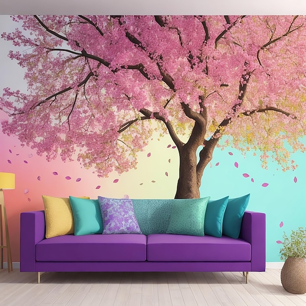 Flower Wall mural of a tree with leaves With Living Room Furniture Interior Design generated by AI