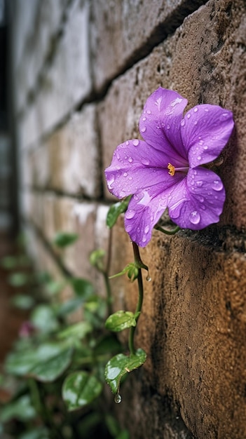 A flower on a wall with raindrops on it