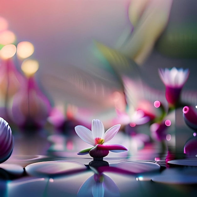 A flower in a water garden with a purple flower in the background.