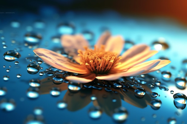 A flower on a water surface with the sun shining on it.