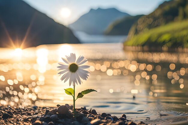 Photo a flower in the water with the sun setting behind it