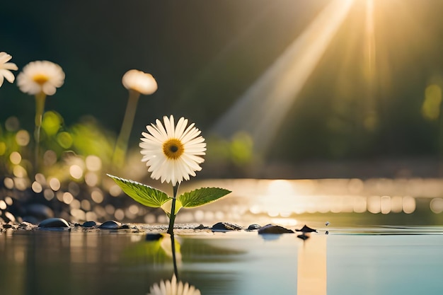 太陽が輝いている水の中の花