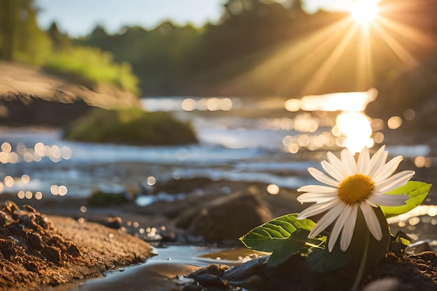 太陽が輝いている水の中の花