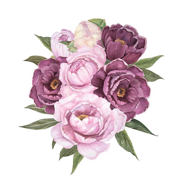 Flower watercolor illustration of peonies isolated bouquet of flowers