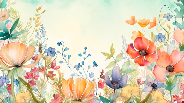 Flower wildflower border arrangement paper greeting card poster background text copy watercolor floral frame table top view Generative AI