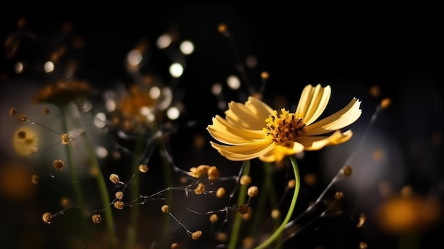 A flower with a black background and a yellow flower with the word flower on it.