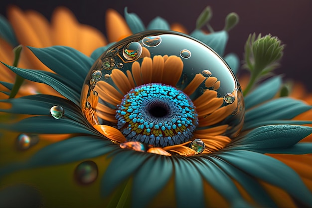 Photo a flower with a blue eye and a flower with water drops on it