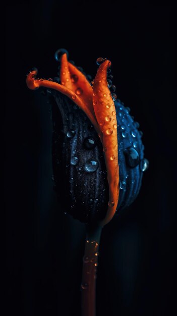 A flower with a blue and orange leaf with water drops on it.