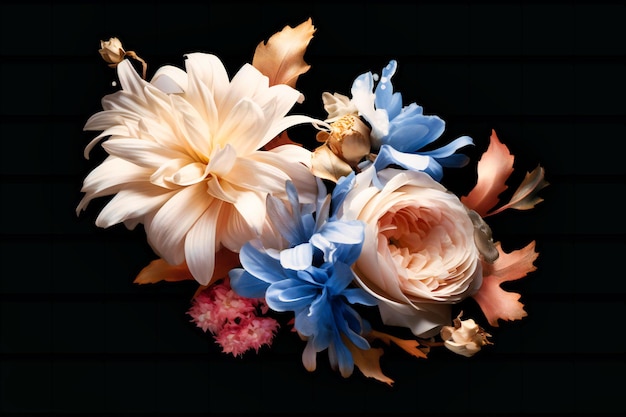 Foto un fiore con vernice blu e rosa mescolato con fiori bianchi