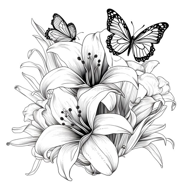 Photo flower with butterflies coloring page for adults