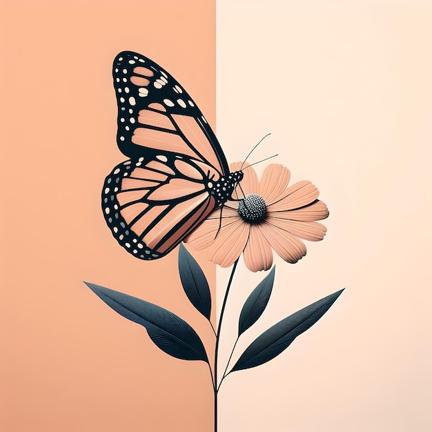 Photo flower with butterfly with flat color background