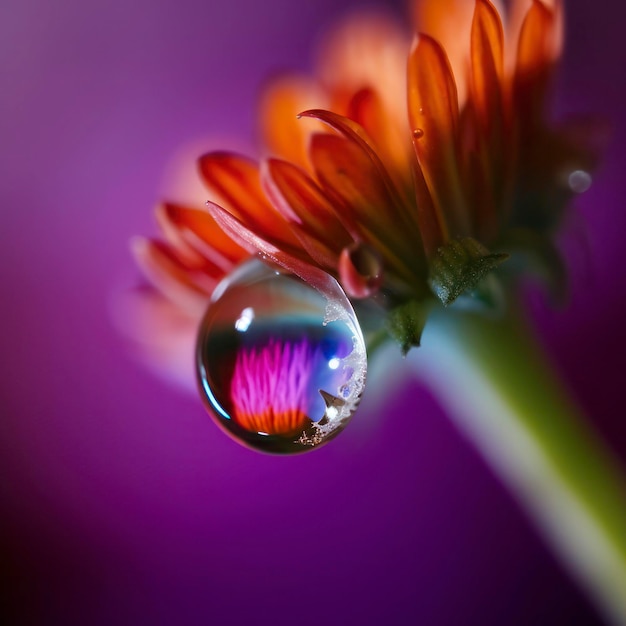 A flower with a flower in the center is reflected in a droplet