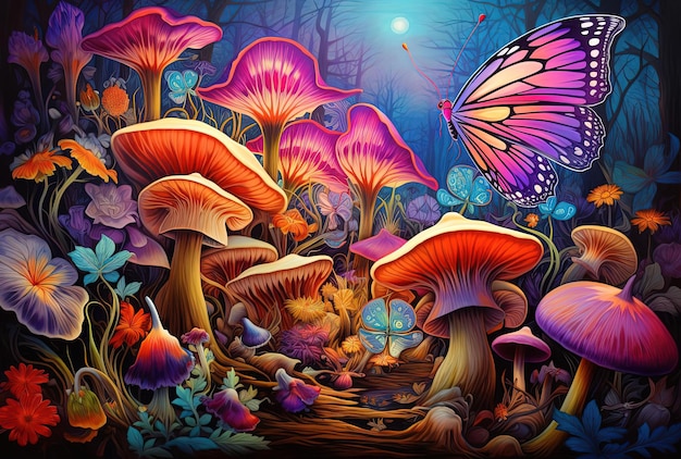 a flower with fluttering butterflies and mushrooms is surrounded by flowers