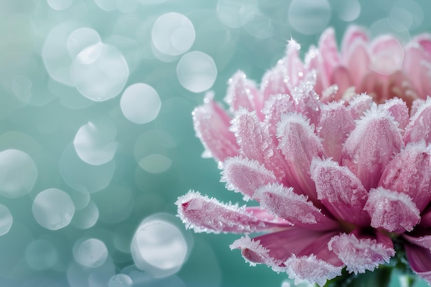 A flower with frost on it is the main focus of the image