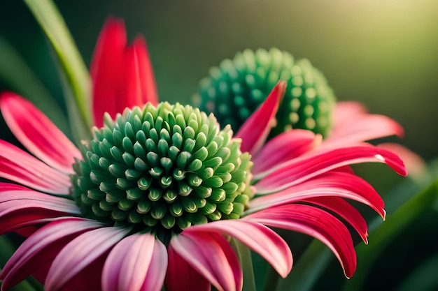 A flower with green leaves and red flowers