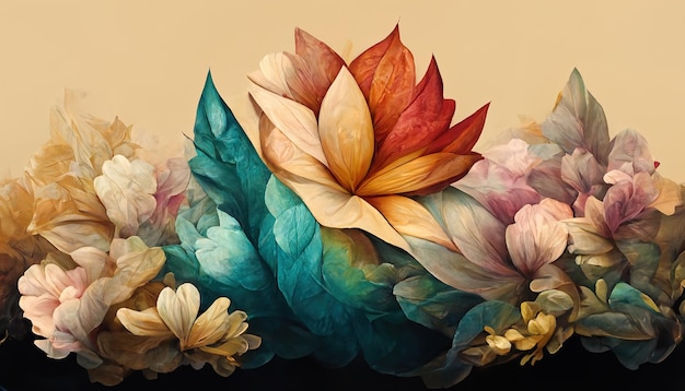 A flower with many leaves is depicted on the canvas 3D render Raster illustration