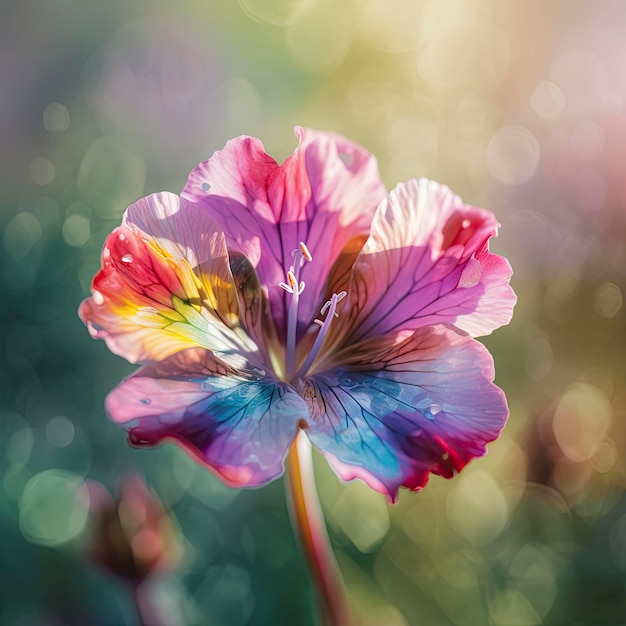 A flower with a pink and blue center and a yellow center.