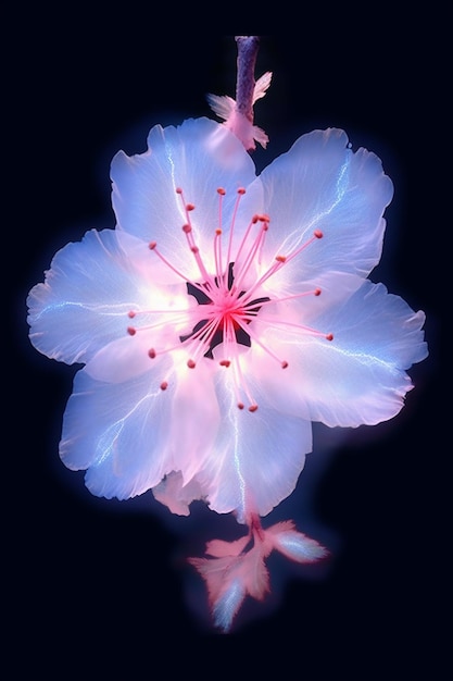 A flower with pink and blue petals is shown.