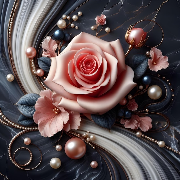 a flower with a pink rose and beads on it