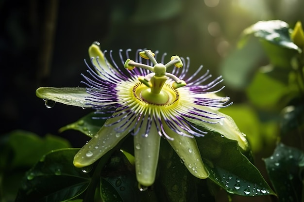 A flower with a purple center and purple petals with the word passion on it