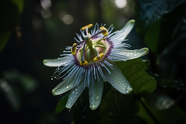 A flower with a purple flower and yellow center