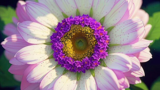 A flower with purple and yellow petals and yellow center