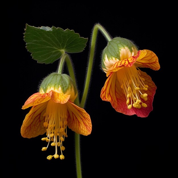 A flower with a red and yellow center and a green leaf.