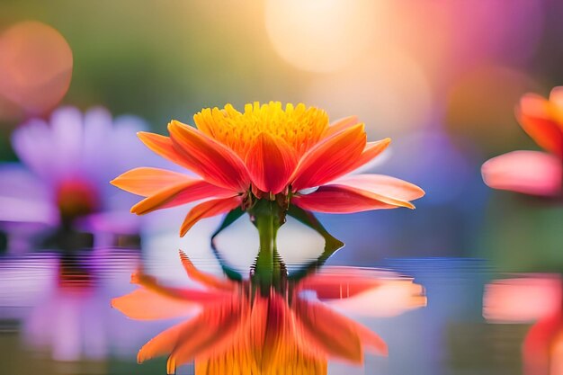 A flower with the reflection of a flower in the water