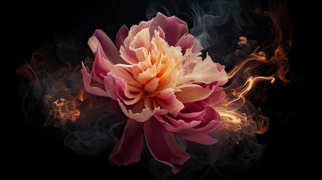Foto un fiore con del fumo sopra è circondato dal fumo.