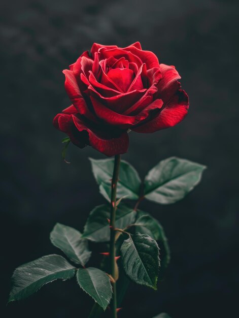 Flower With Stem Dark Red Rose with Green Leaves in Macro Closeup Shot