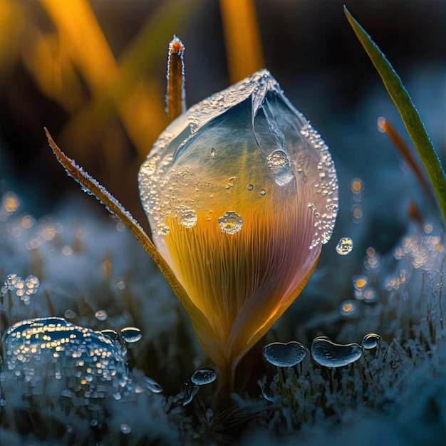 A flower with water droplets on it is covered in ice.