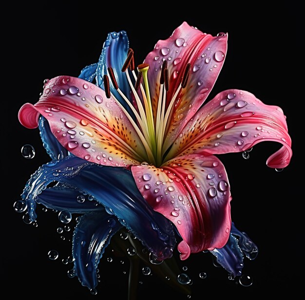 a flower with water drops on it and the drops of water on it.