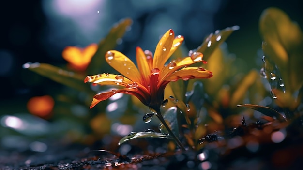 Foto un fiore con gocce d'acqua su di esso