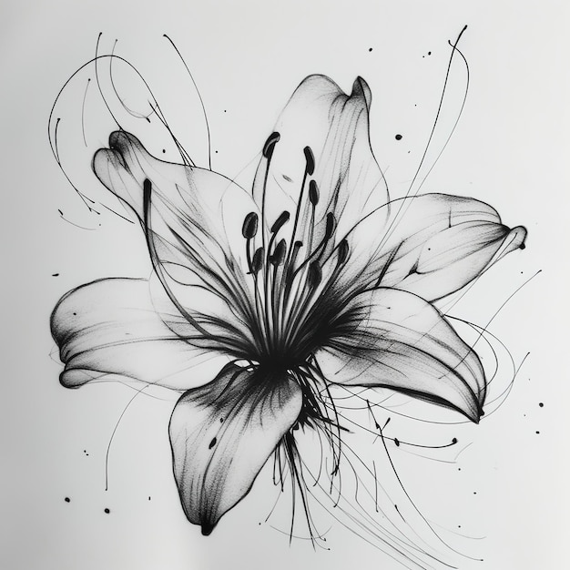 A flower with a white background and black ink on it.