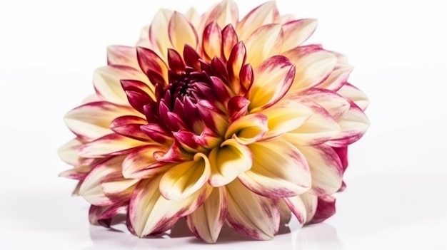 A flower with a white background and a red and yellow flower with the word dahlia on it.