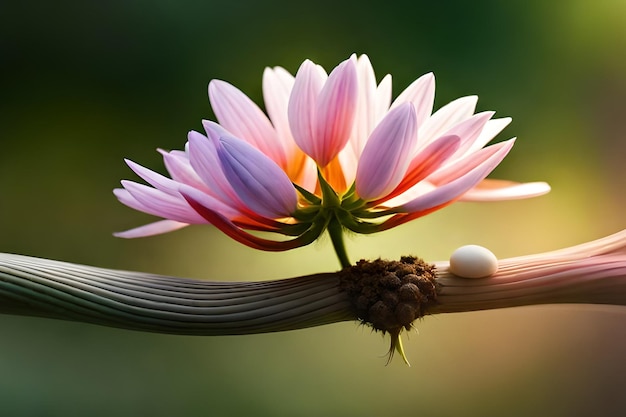 A flower with a white stone on it