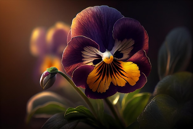 A flower with a yellow center and a purple flower with a dark background.